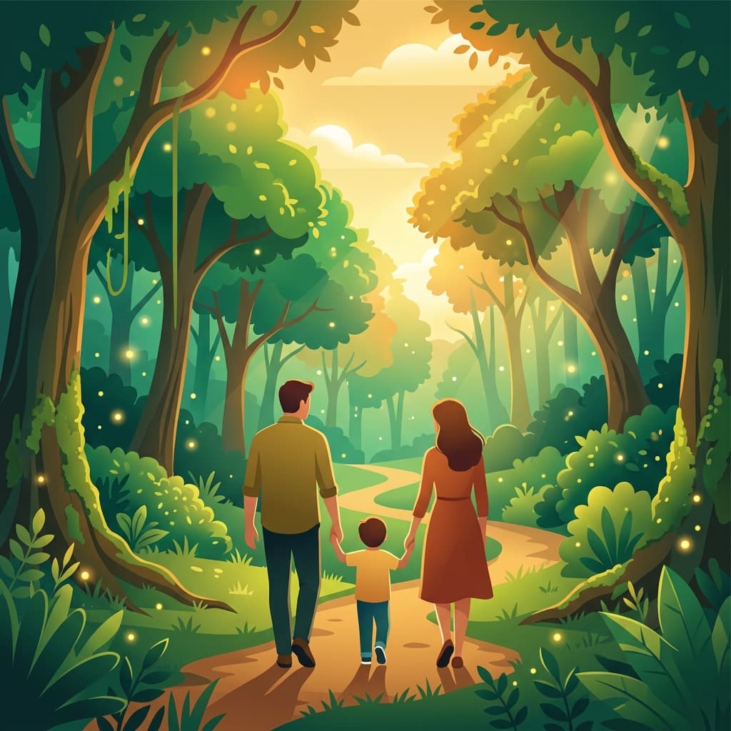 Padre, madre e hijo caminando tomados de la mano por un sendero natural
